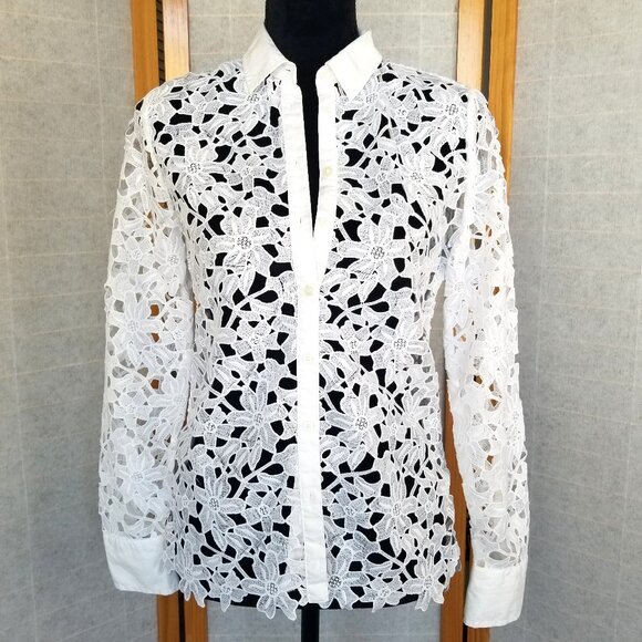 Banana Republic Tops - Banana Republic White Lace Top Size XS Long Sleeve Button Down Battenburg Floral